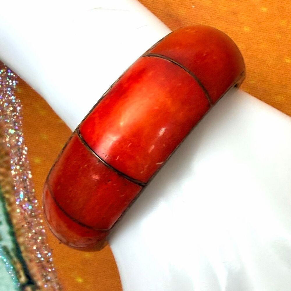 Vintage Red Dyed Bone Brass Bangle Bracelet
